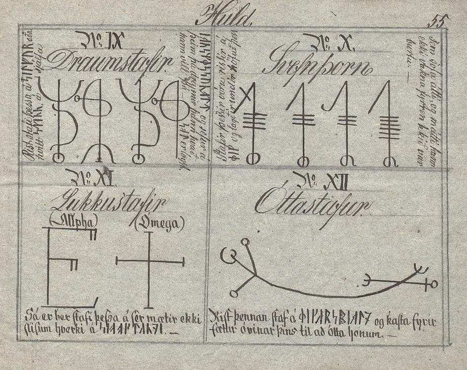 Bilder für Draumstafir, Svefnþorn, Lukkustafir, Óttastafur aus dem Huld Manuskript
